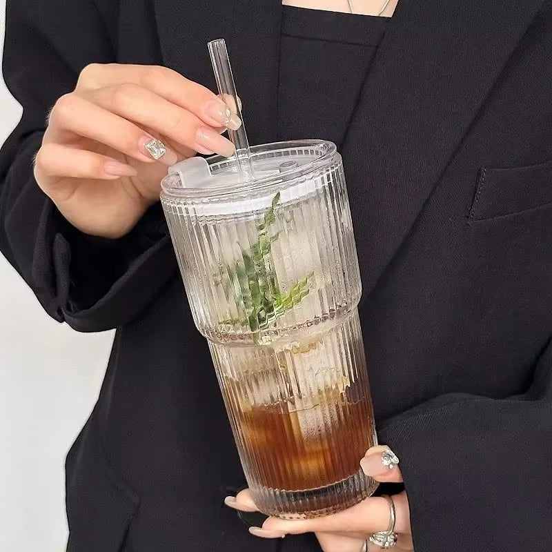 Chic Striped Iced Coffee Tumbler Set (600ml)