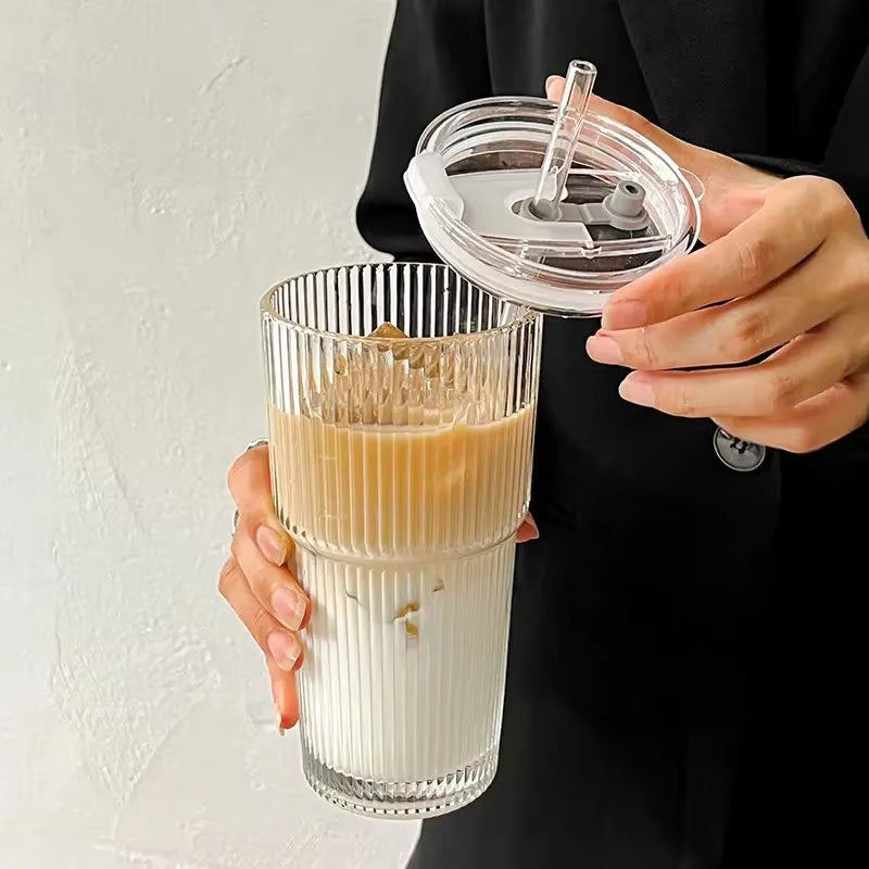 Chic Striped Iced Coffee Tumbler Set (600ml)