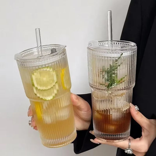 Chic Striped Iced Coffee Tumbler Set (600ml)